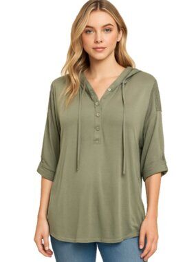 NEW POL Small Green Henley Style Hooded Top Crochet Trim Drop Shoulder Lace Trim